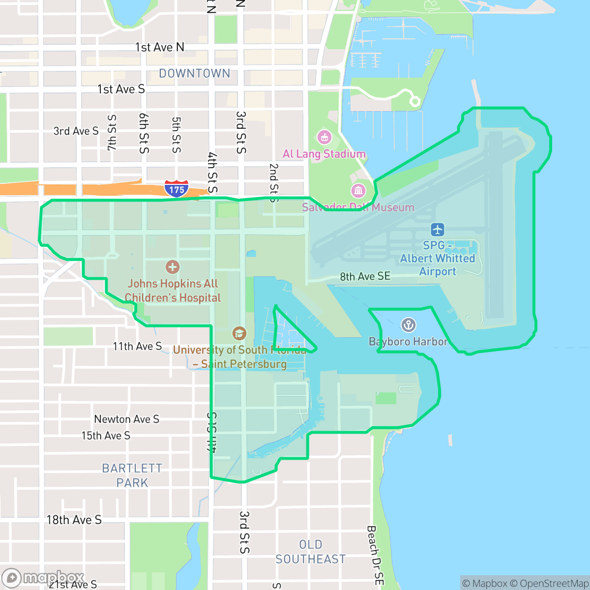 Map showing the location of Albert Whitted Airport, St. Petersburg, FL
