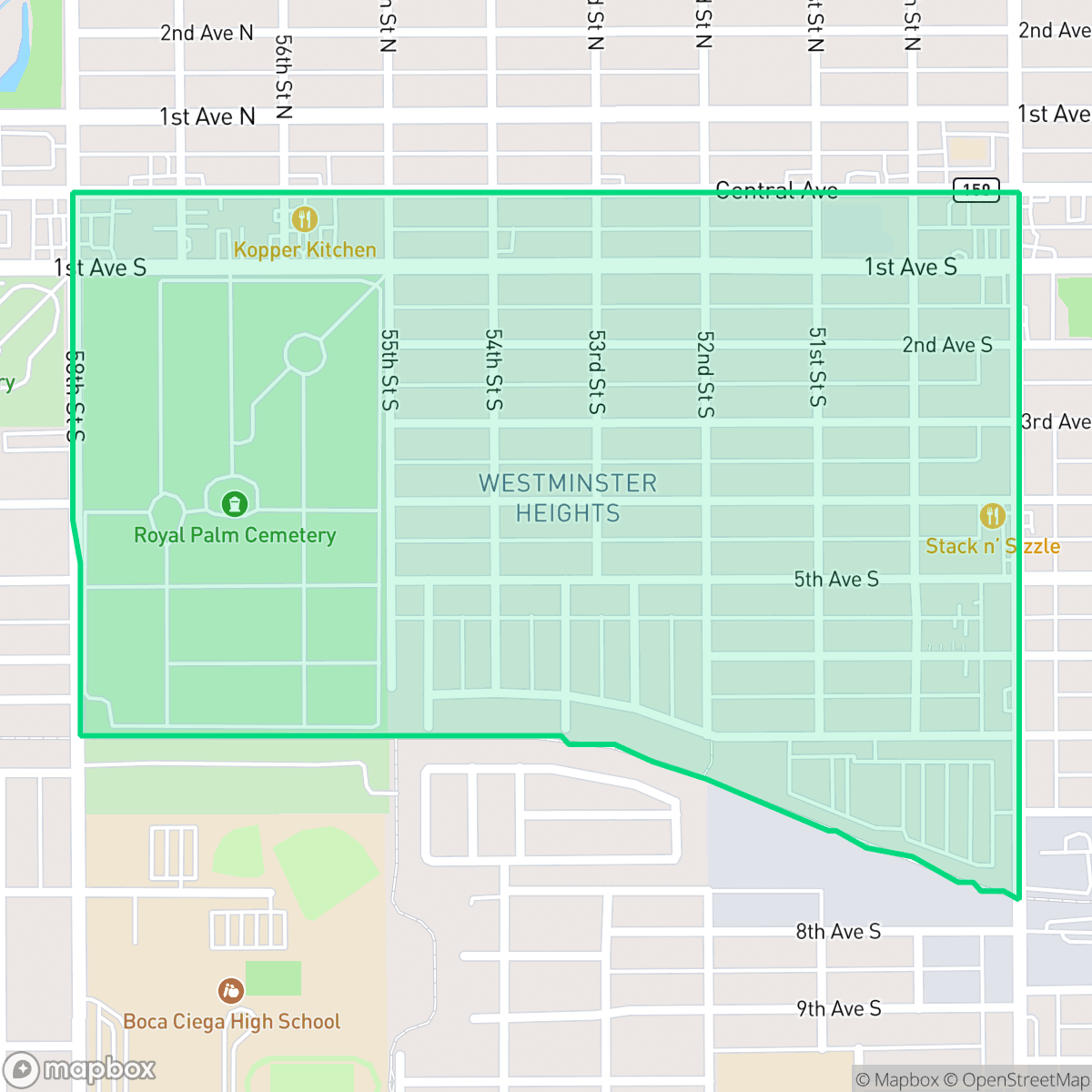 Map showing the location of Westminster Heights, St. Petersburg, FL