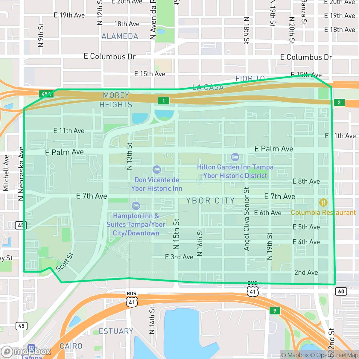 Map showing the location of Historic Ybor, Tampa, FL