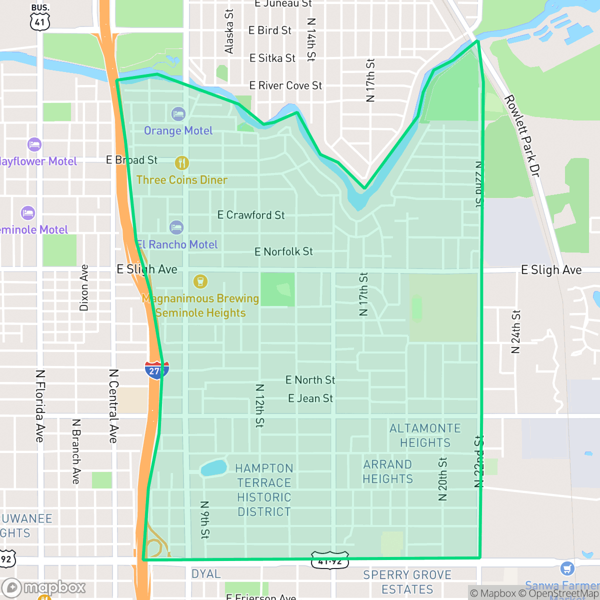 Map showing the location of Old Seminole Heights, Tampa, FL