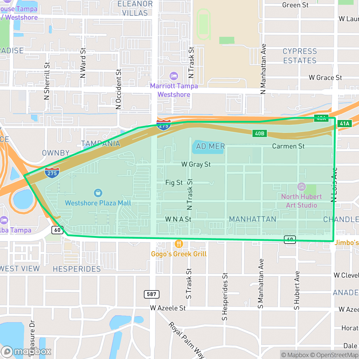 Map showing the location of West Shore Palms, Tampa, FL