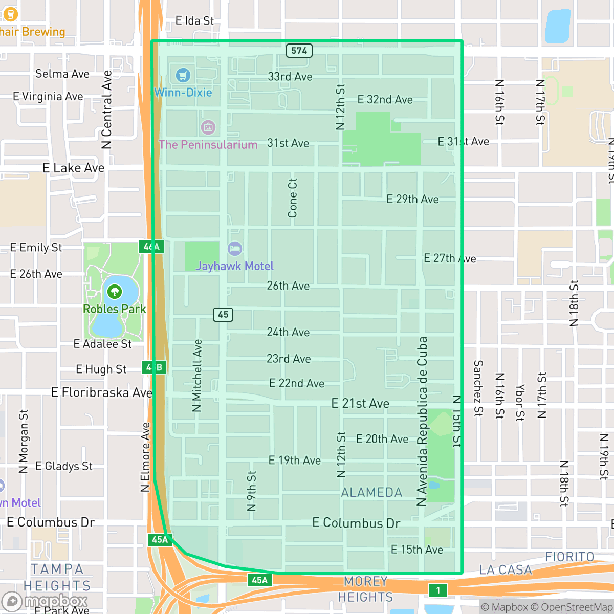 Map showing the location of Ybor City, Tampa, FL