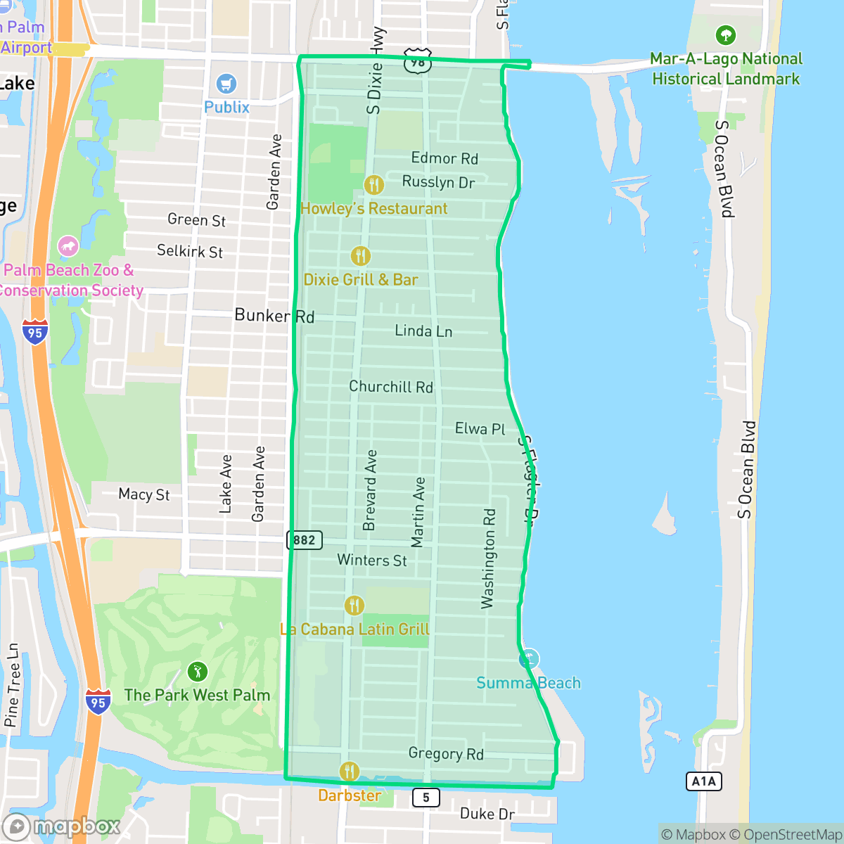 Map showing the location of South Side, West Palm Beach, FL