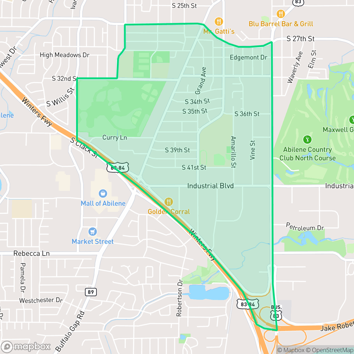 Map showing the location of Red Bud Park, Abilene, TX