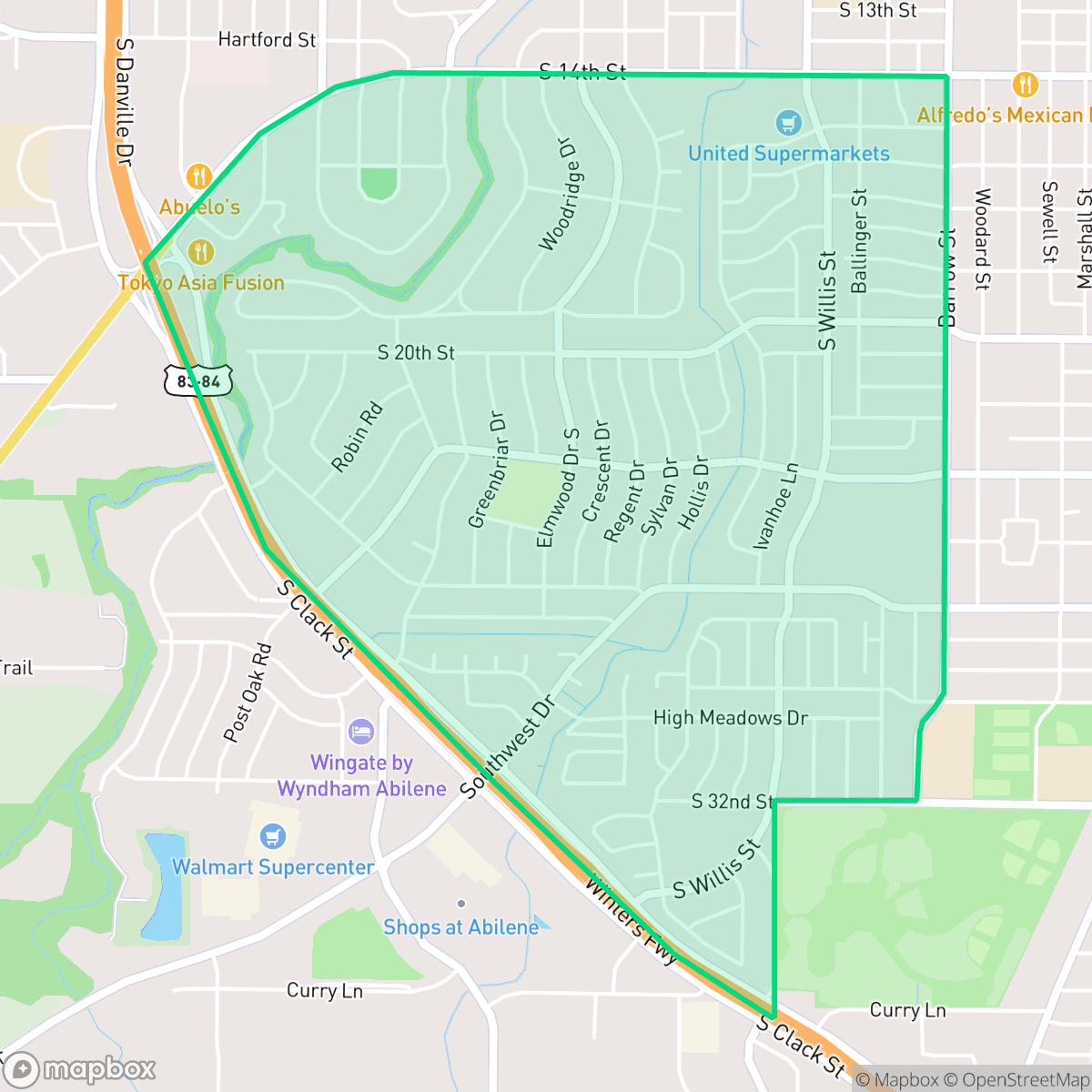 Map showing the location of River Oaks/Brookhollow, Abilene, TX
