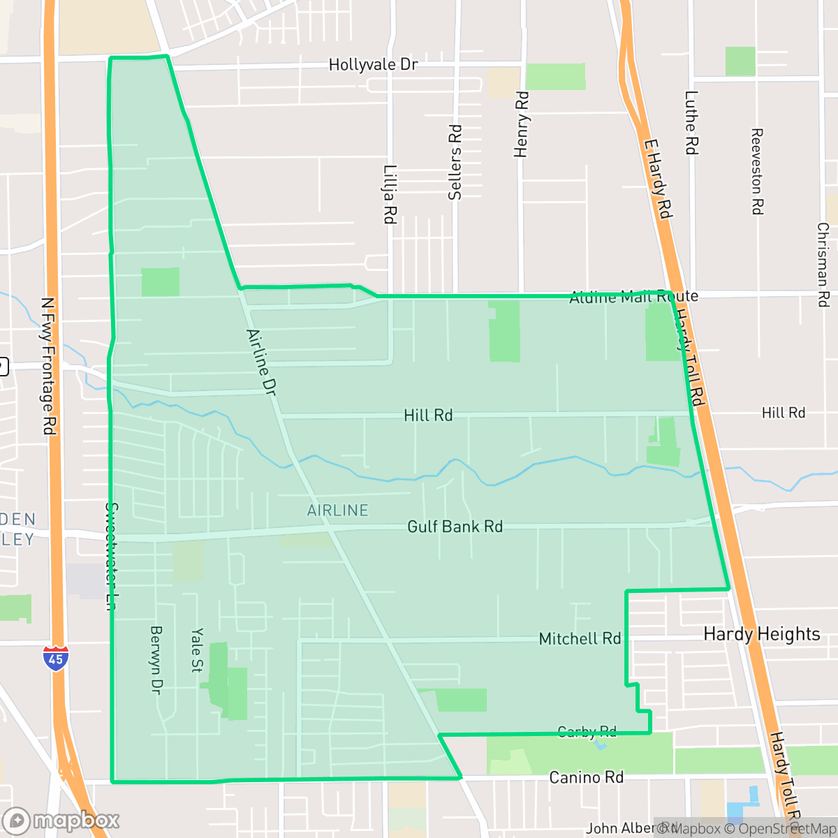 Map showing the location of Airline, Aldine, TX