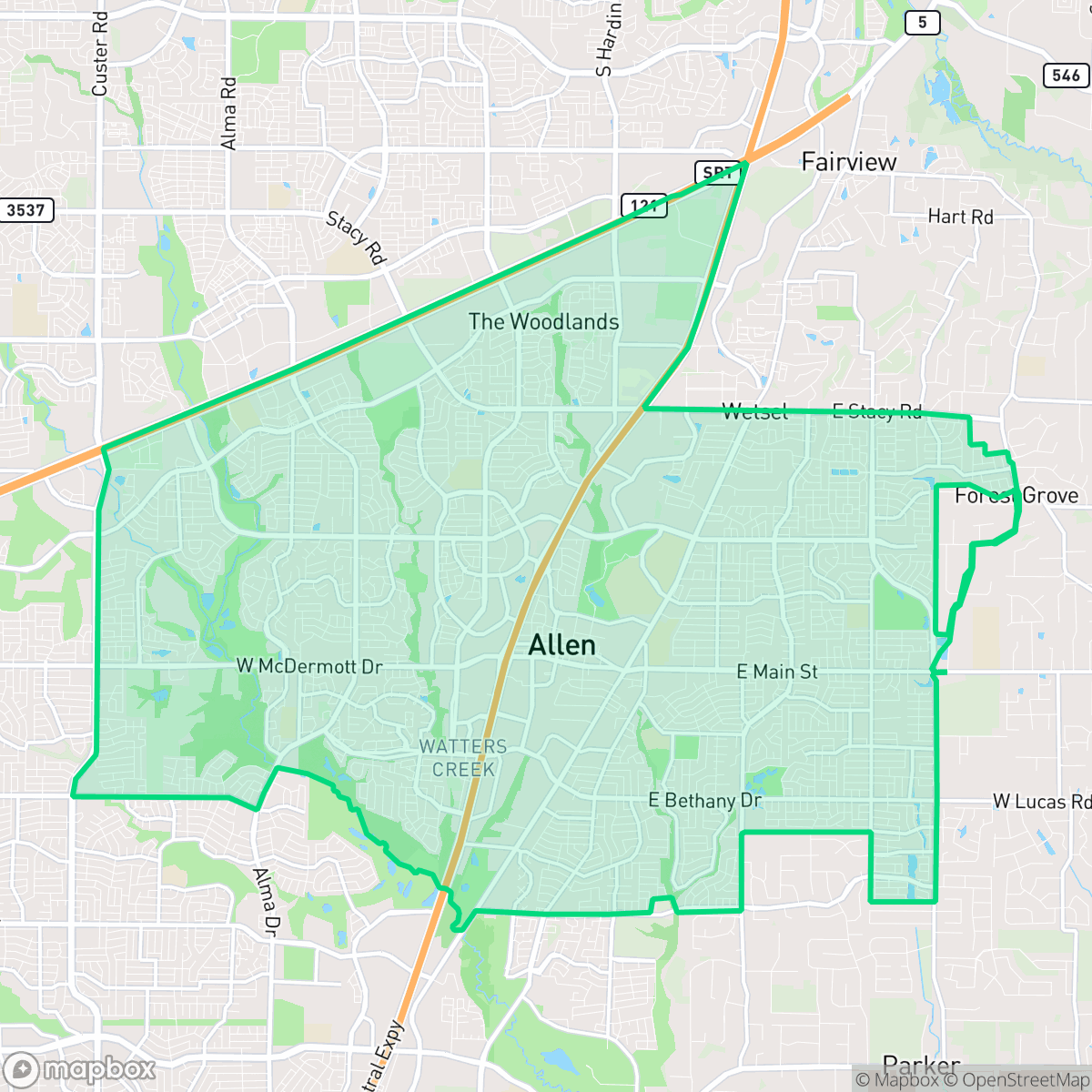 Map showing the location of Allen, TX — coverage area