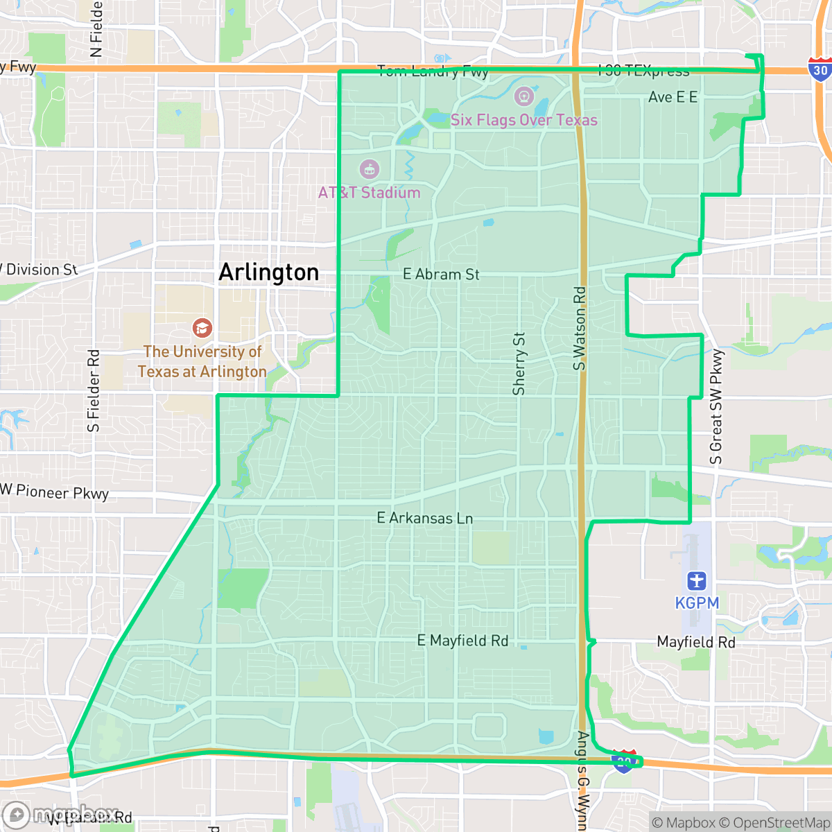 Map showing the location of East, Arlington, TX