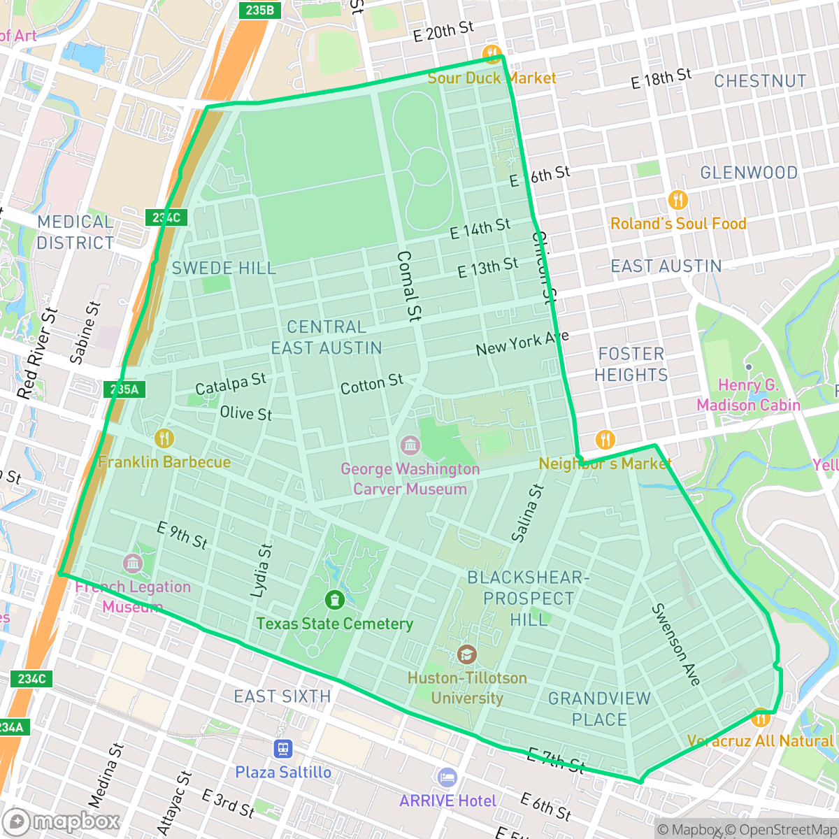 Map showing the location of Central East Austin, Austin, TX