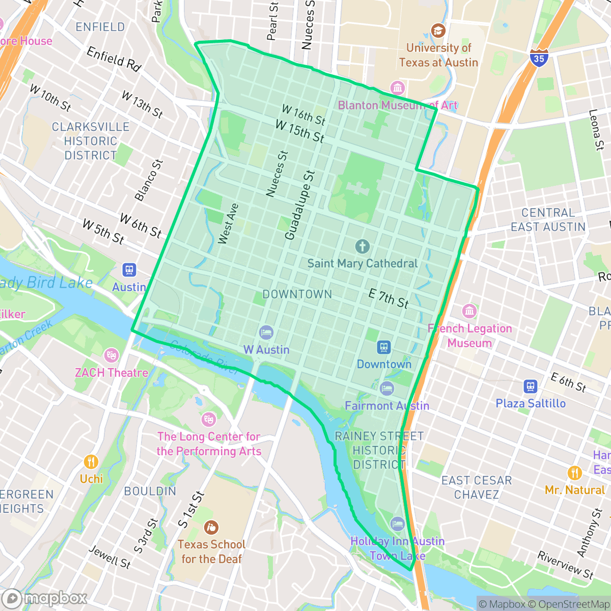 Map showing the location of Downtown, Austin, TX