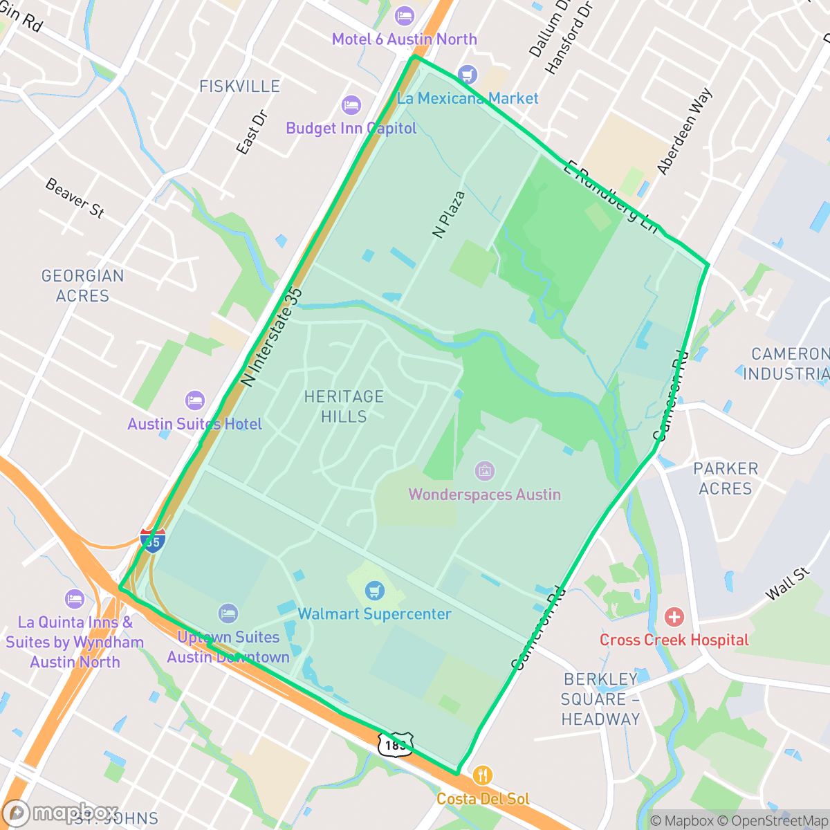Map showing the location of Heritage Hills, Austin, TX