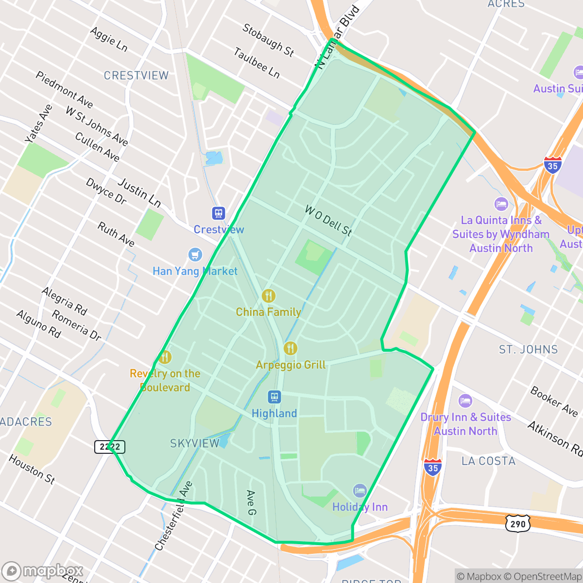 Map showing the location of Highland, Austin, TX