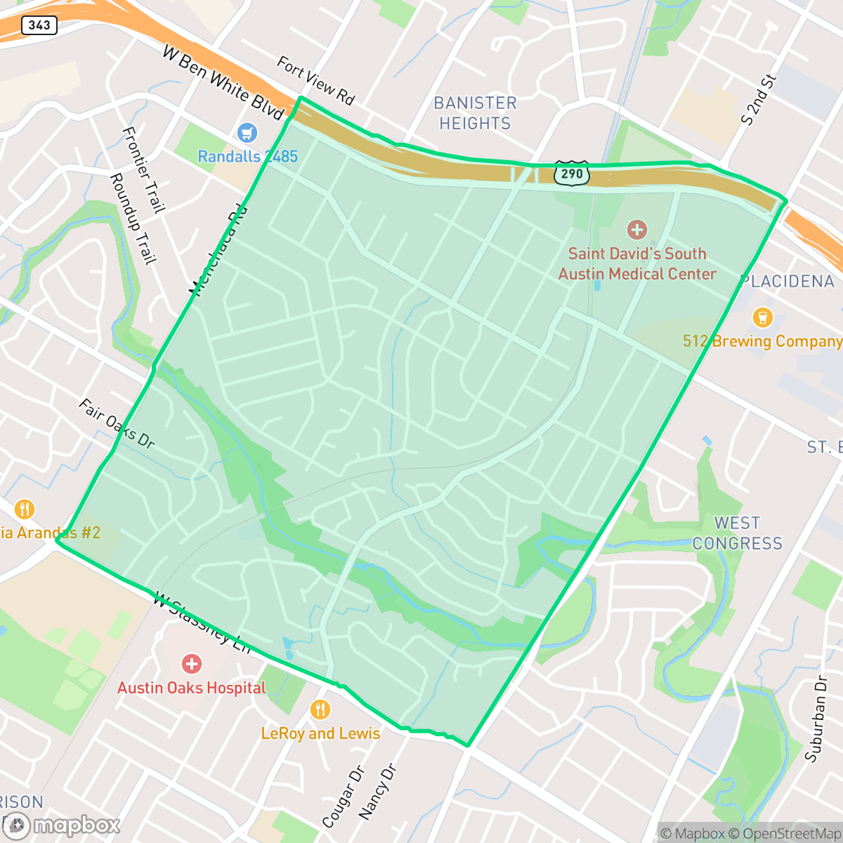 Map showing the location of South Manchaca, Austin, TX