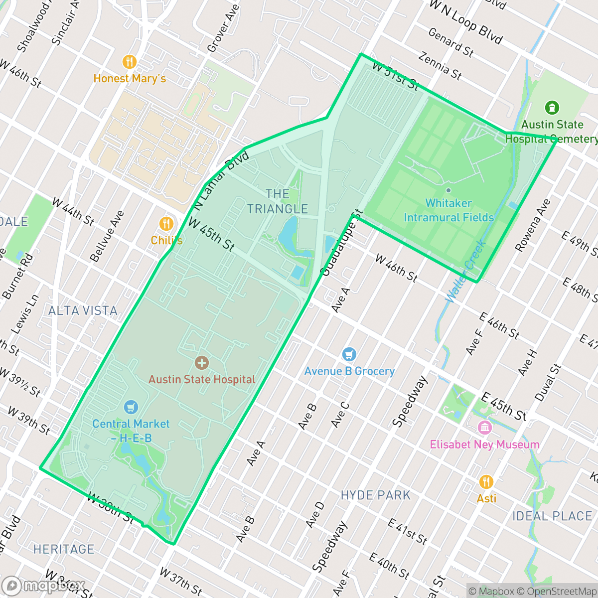 Map showing the location of Triangle State, Austin, TX