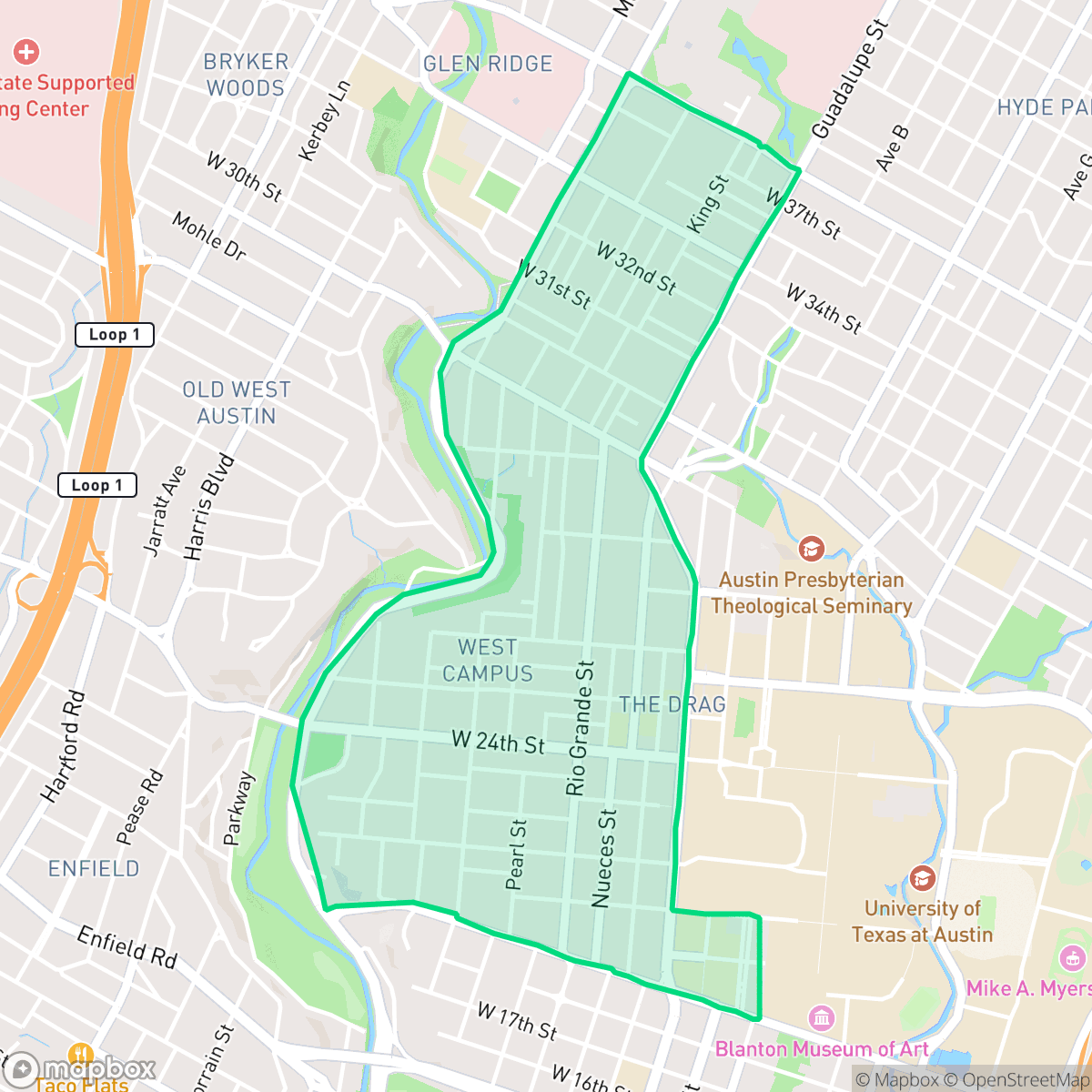 Map showing the location of West University, Austin, TX