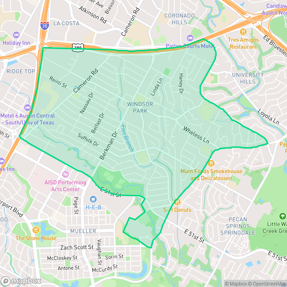Map showing the location of Windsor Park, Austin, TX
