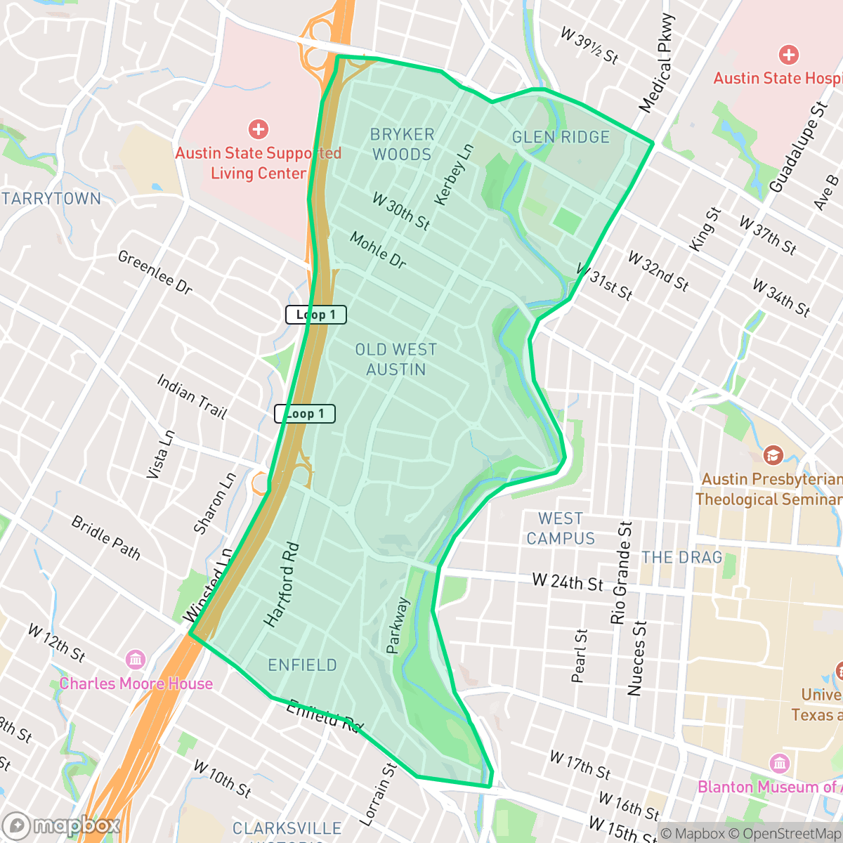 Map showing the location of Windsor Road, Austin, TX