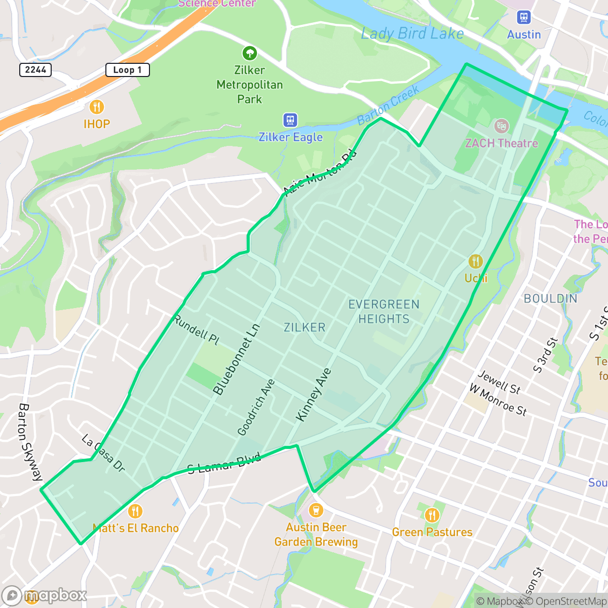Map showing the location of Zilker, Austin, TX