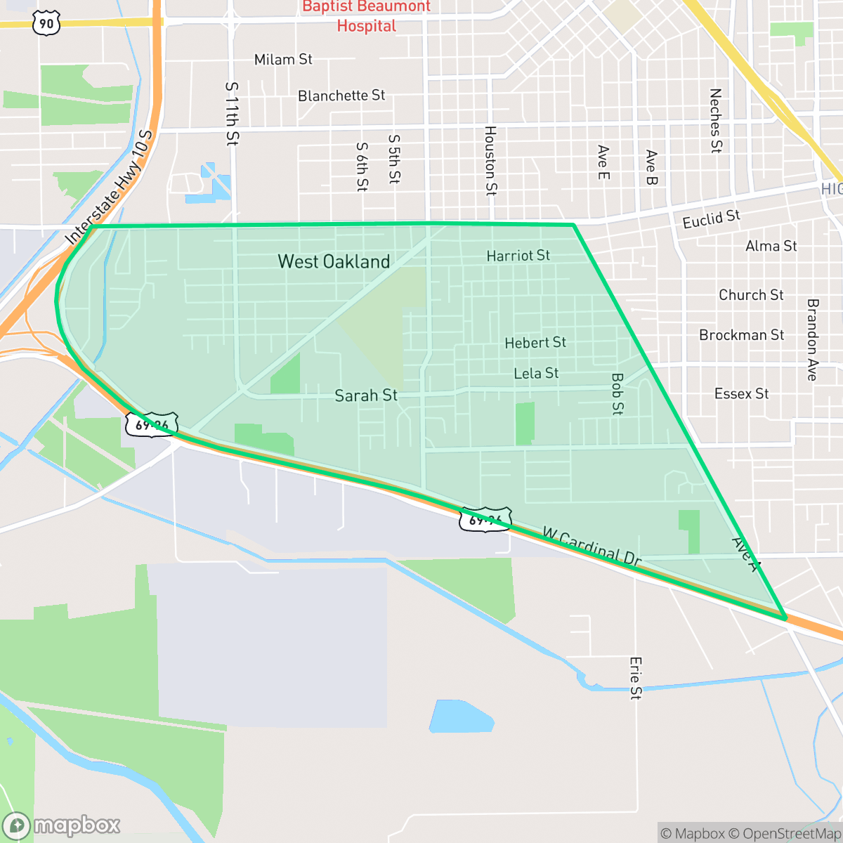 Map showing the location of Pear Orchard, Beaumont, TX