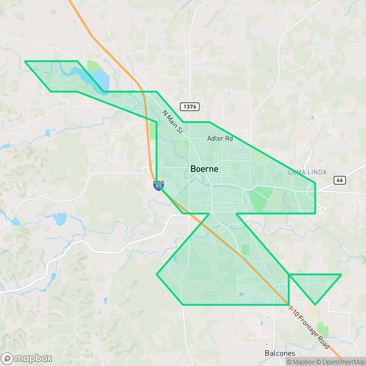 Map showing the location of Boerne, TX — coverage area