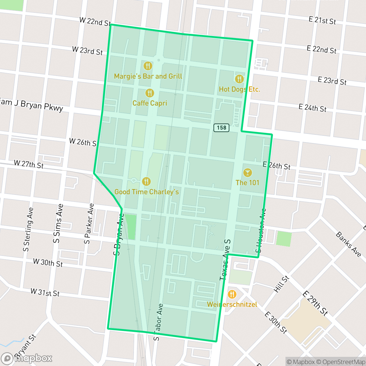 Map showing the location of Downtown, Bryan, TX