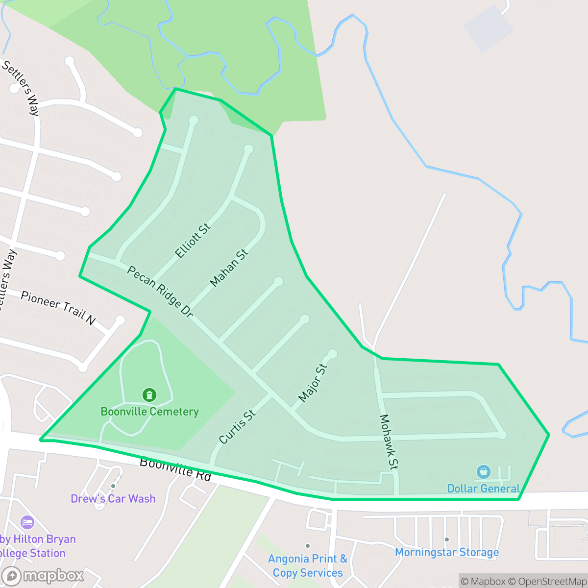 Map showing the location of Pecan Ridge, Bryan, TX