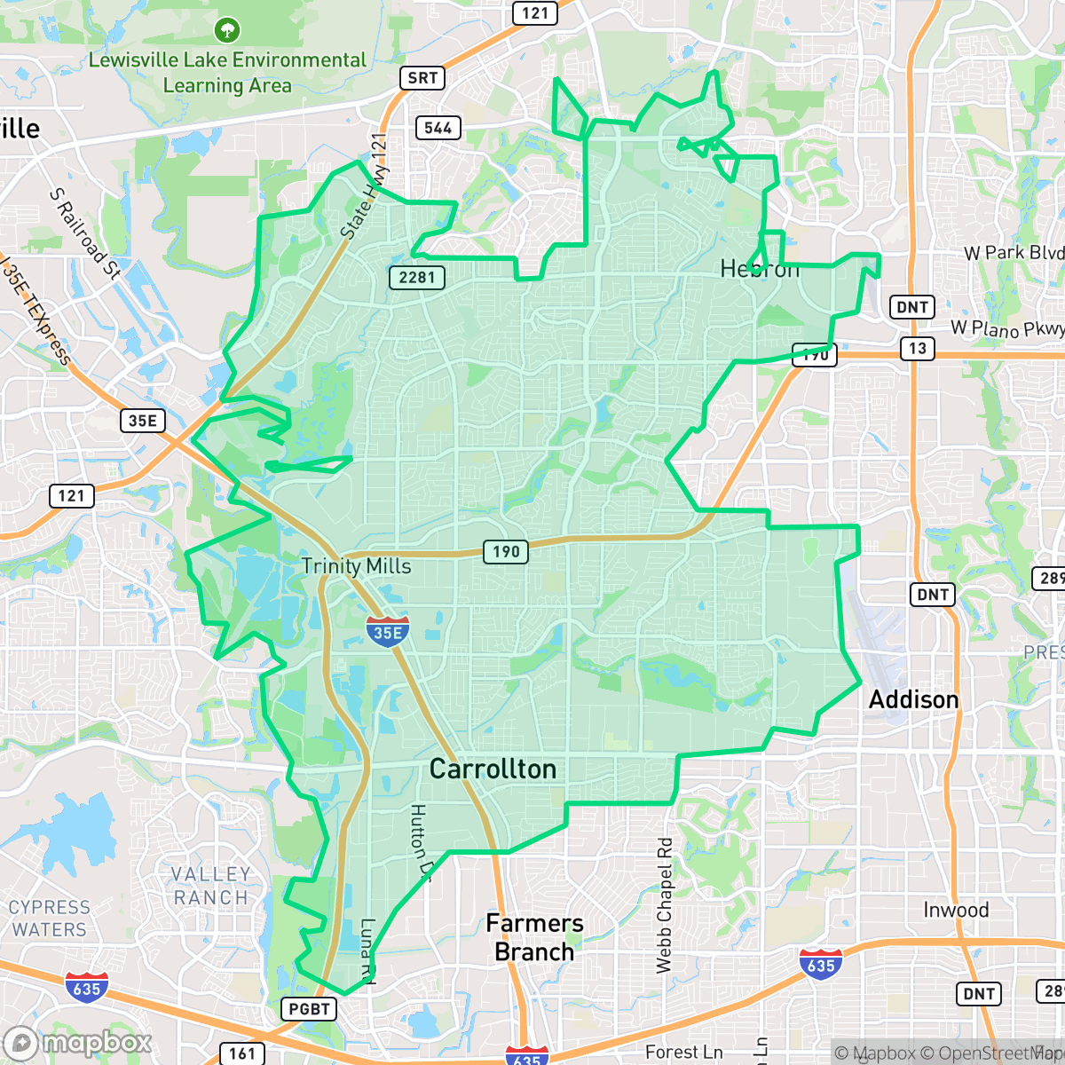 Map showing the location of Carrollton, TX — coverage area