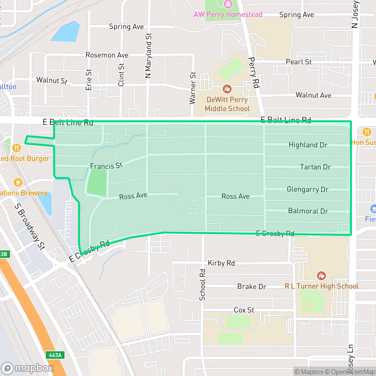 Map showing the location of Carrolton Highlands, Carrollton, TX