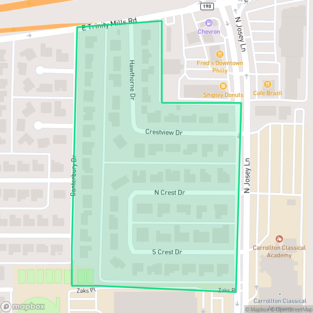 Map showing the location of Trinity Mills, Carrollton, TX