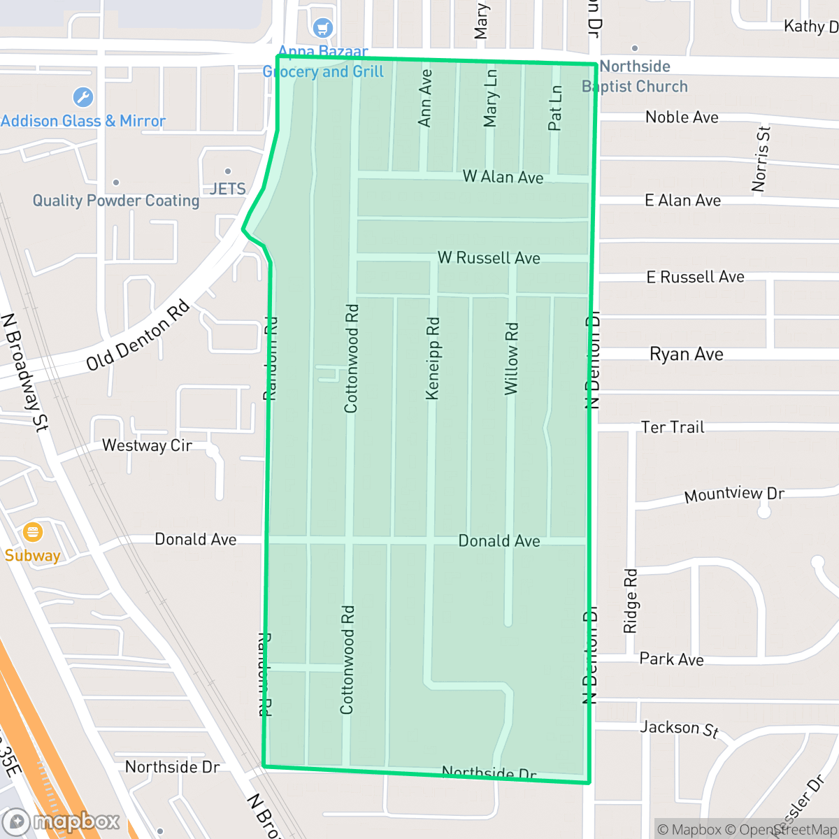 Map showing the location of Whitlock Warriors, Carrollton, TX