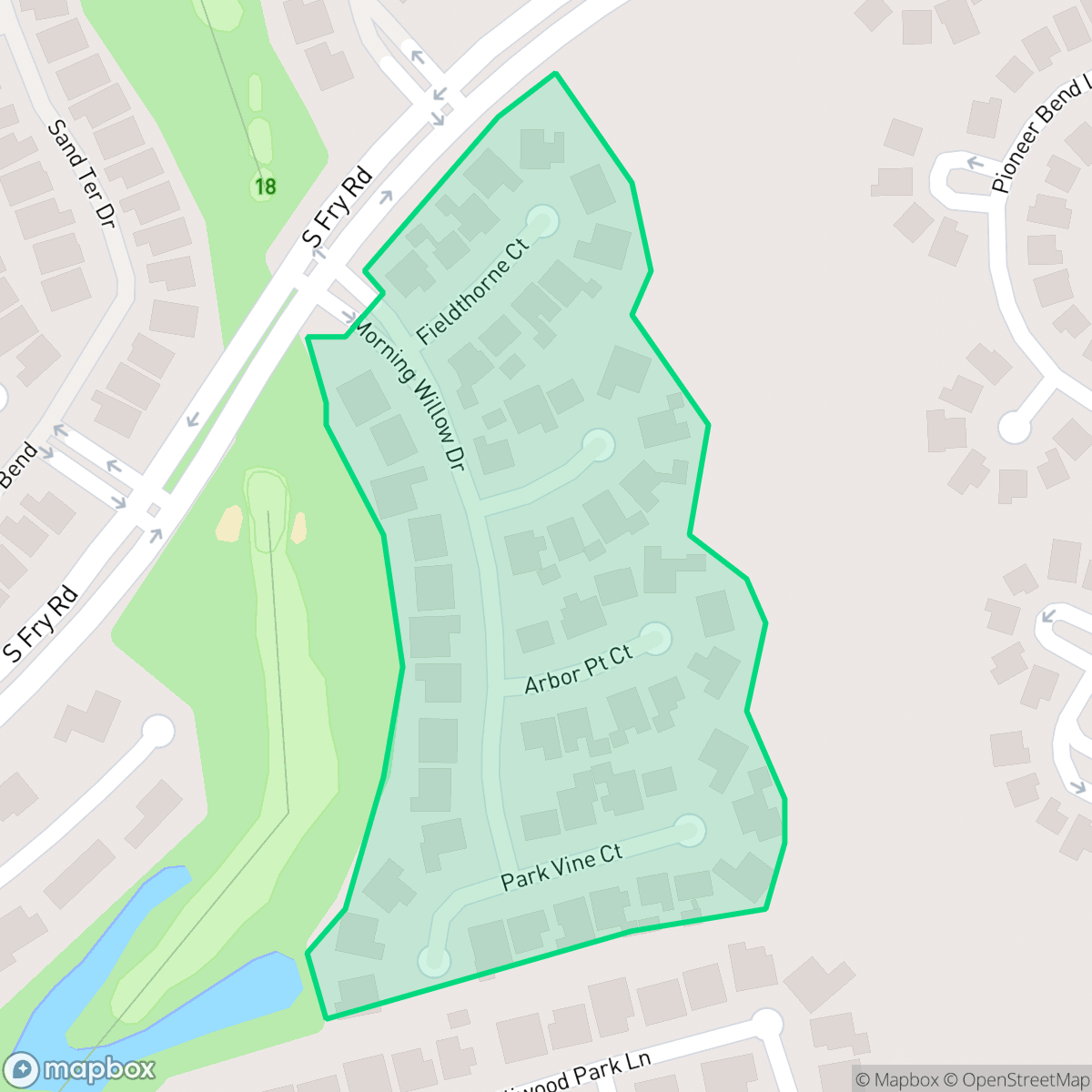 Map showing the location of Estates at Willow Fork Greens, Cinco Ranch, TX
