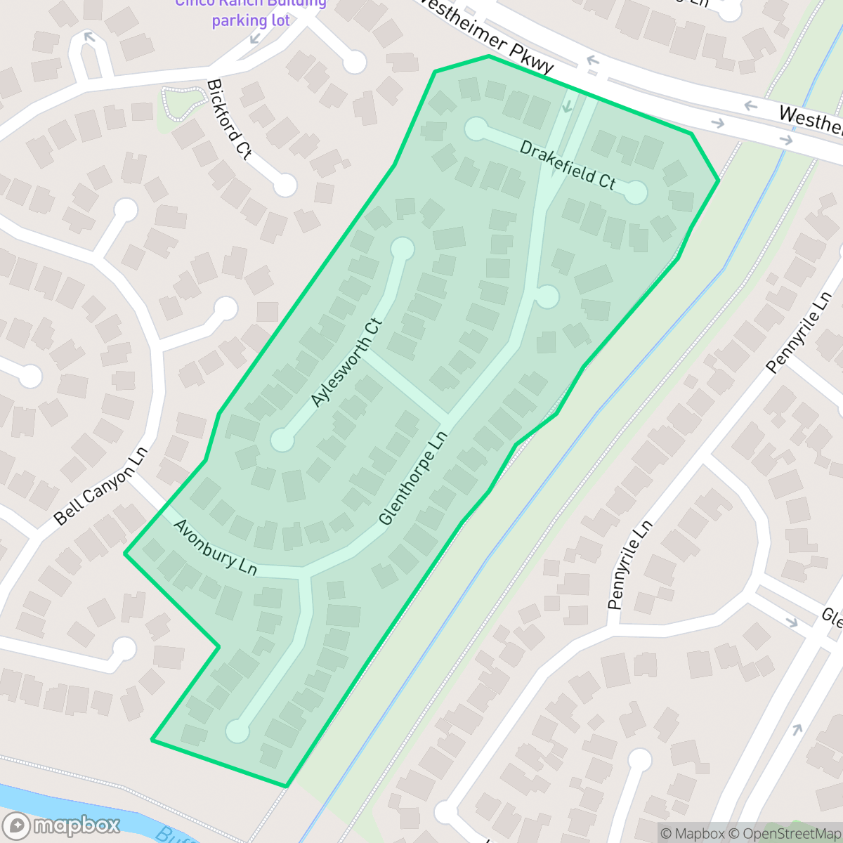 Map showing the location of Prairie Grove, Cinco Ranch, TX