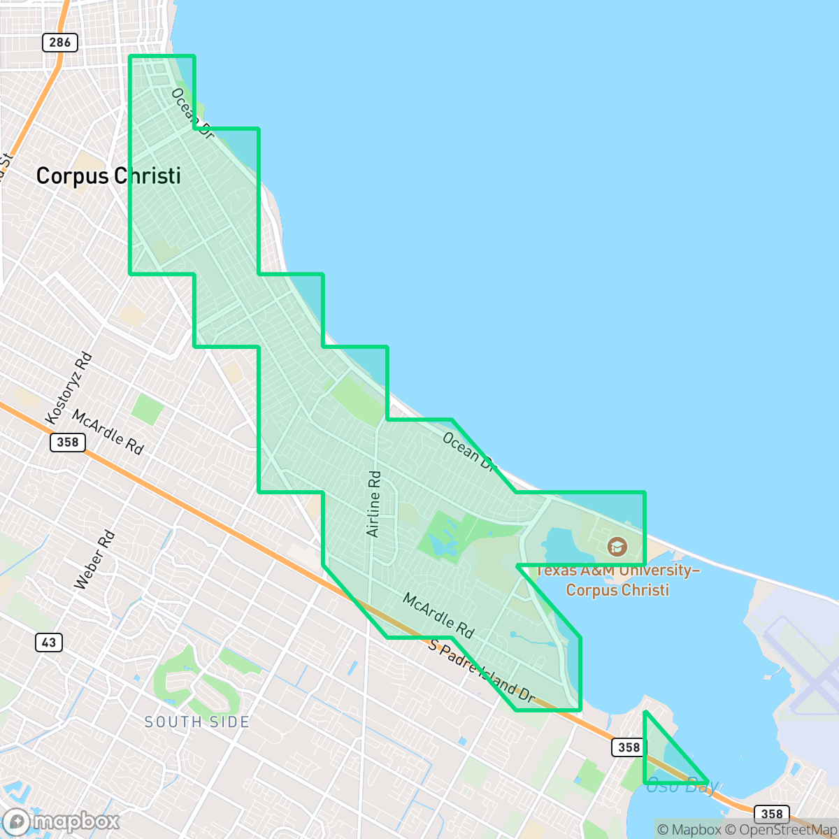 Map showing the location of Bay Area, Corpus Christi, TX