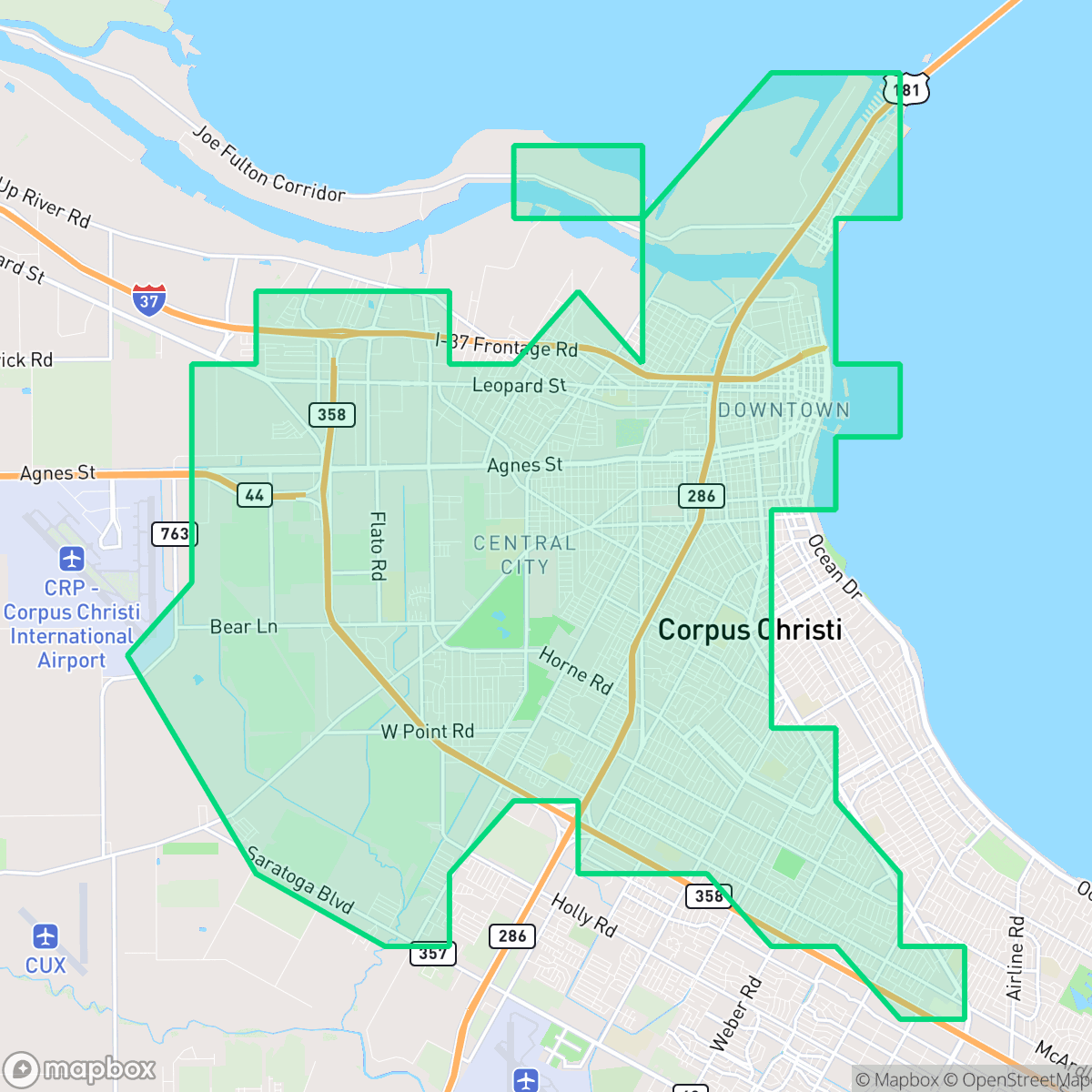 Map showing the location of Central City, Corpus Christi, TX