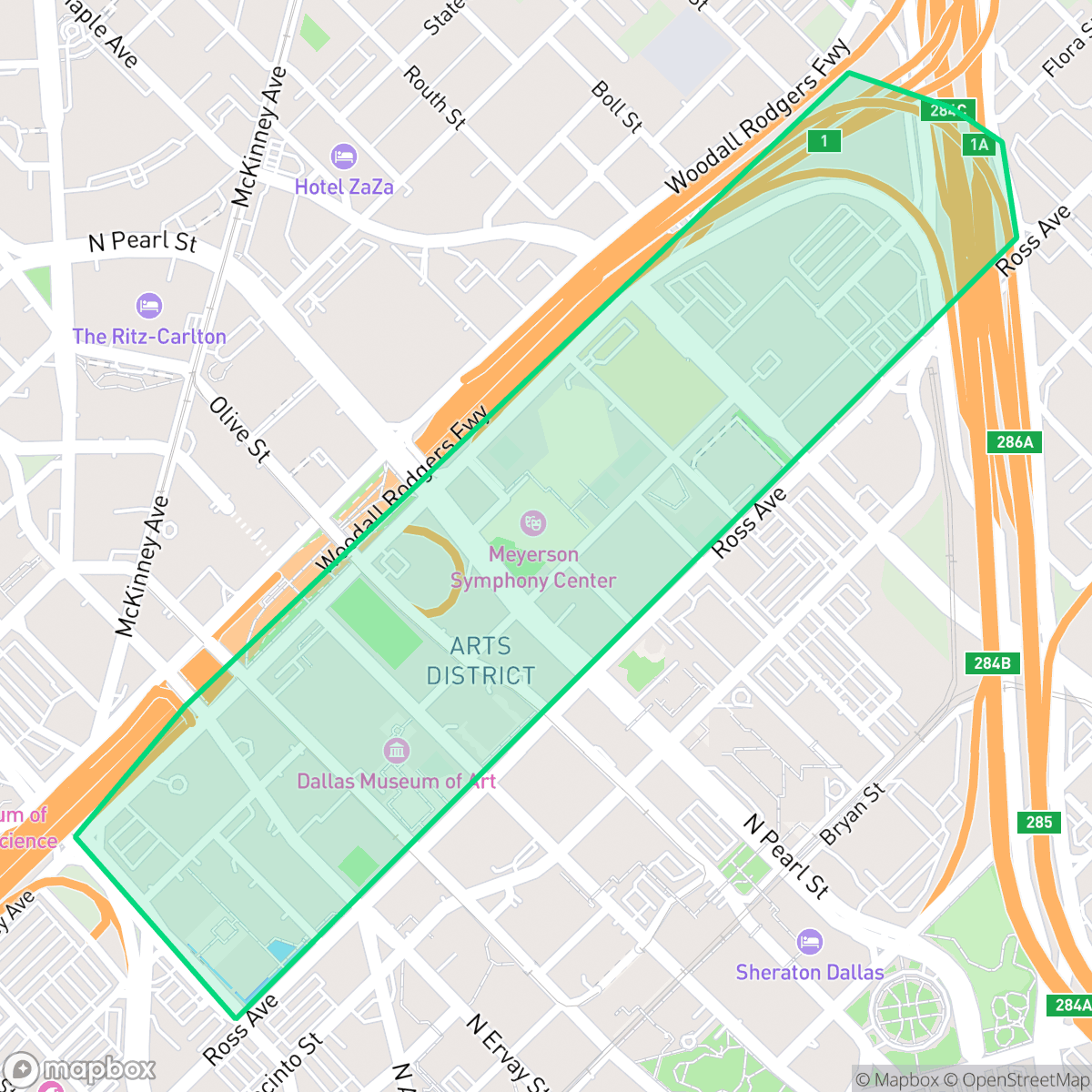 Map showing the location of Arts District, Dallas, TX