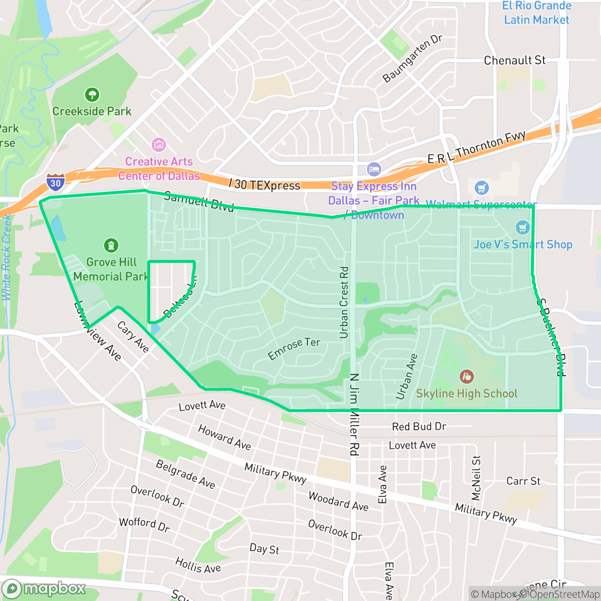 Map showing the location of Buckner Terrace, Dallas, TX