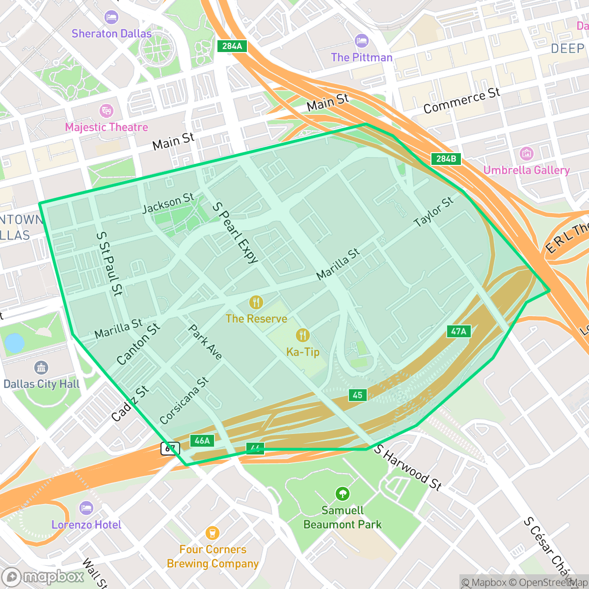 Map showing the location of Farmers Market District, Dallas, TX