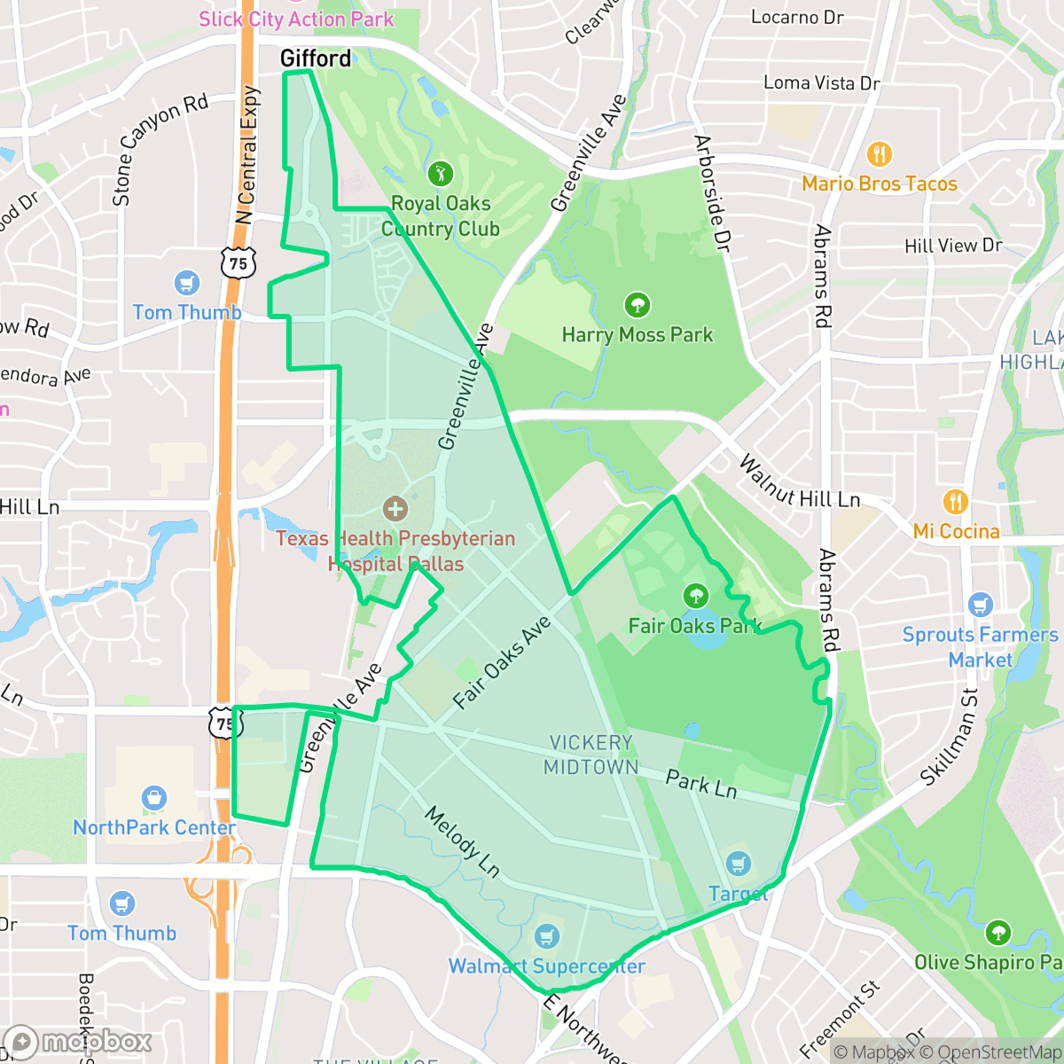 Map showing the location of Vickery Meadows PID, Dallas, TX