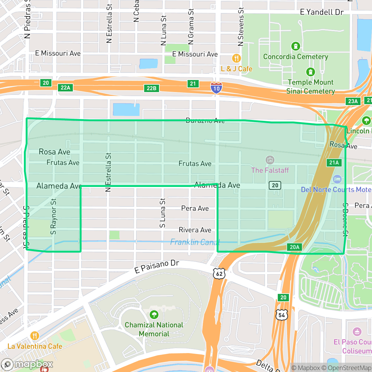 Map showing the location of Alameda Business, El Paso, TX