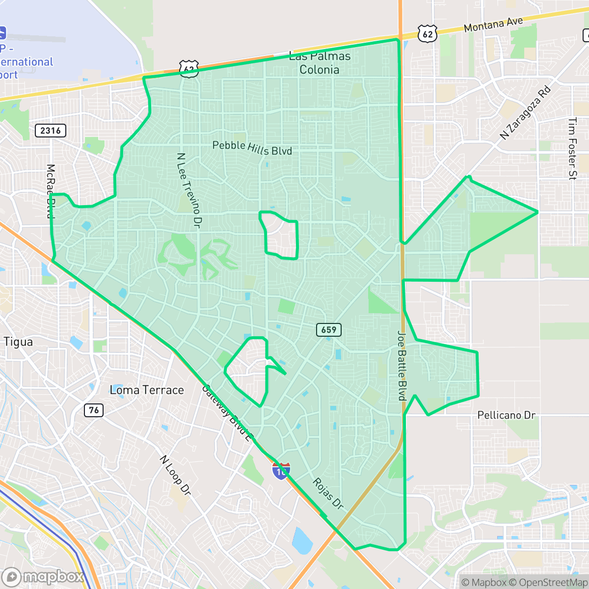 Map showing the location of East Side, El Paso, TX