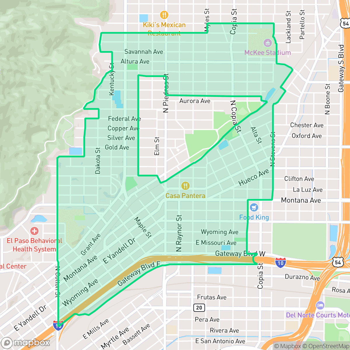 Map showing the location of Five Points, El Paso, TX