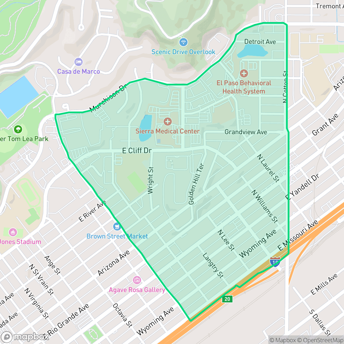 Map showing the location of Golden Hills, El Paso, TX