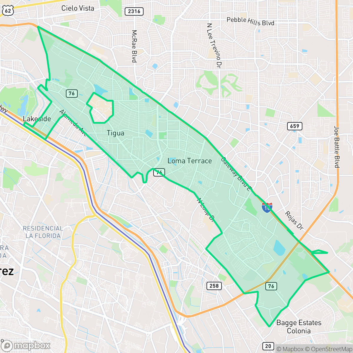 Map showing the location of Lower Valley, El Paso, TX