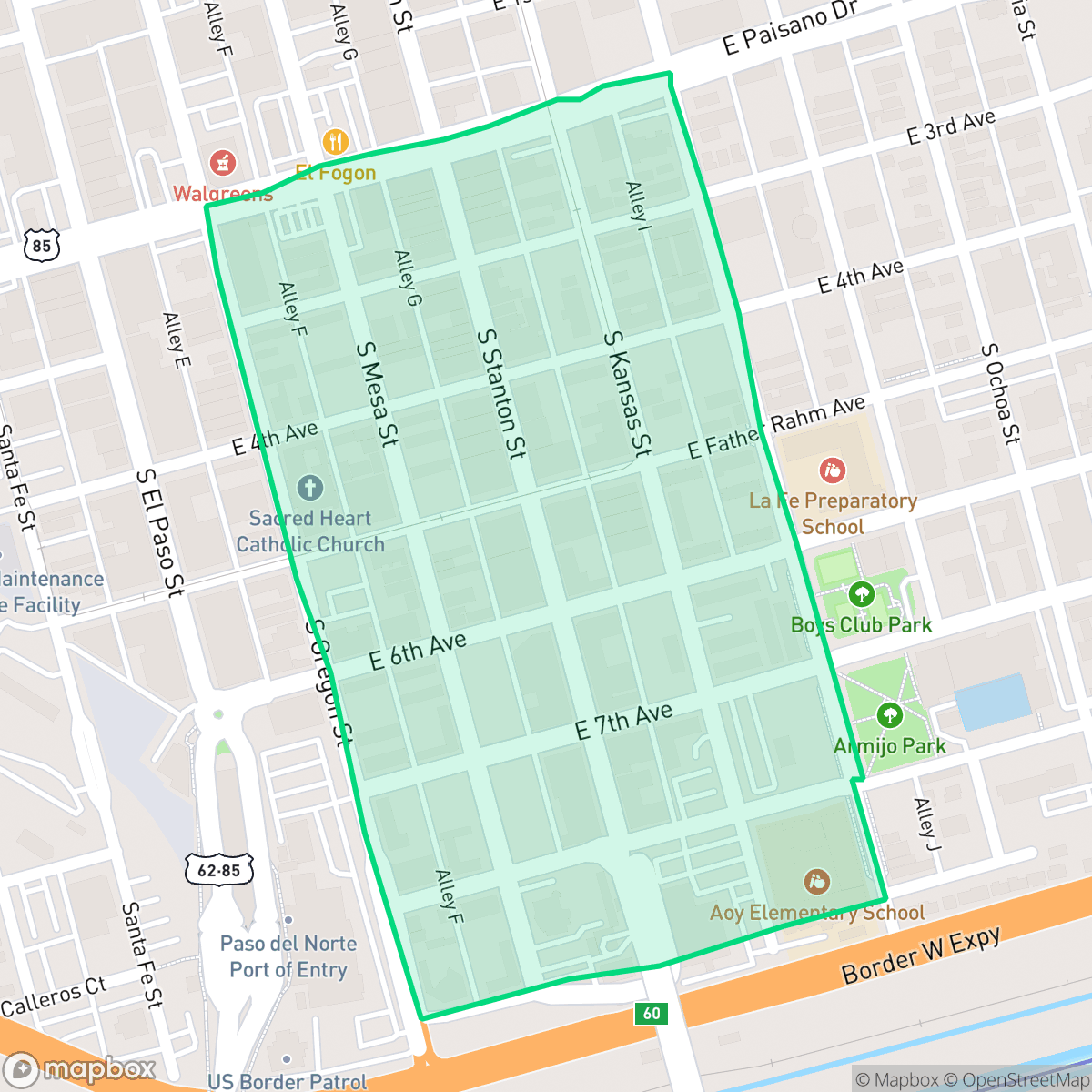 Map showing the location of South Mesa, El Paso, TX