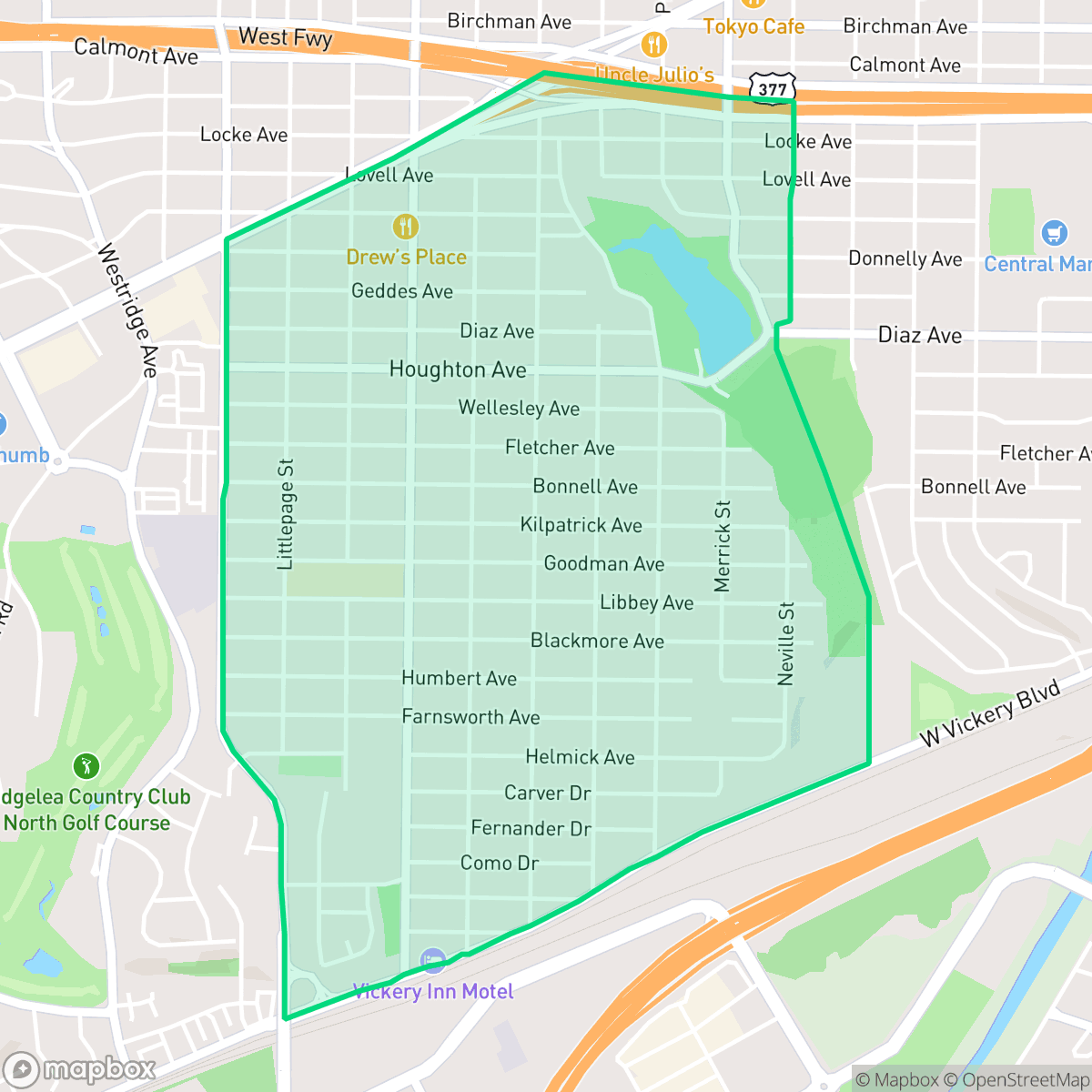 Map showing the location of Como, Fort Worth, TX