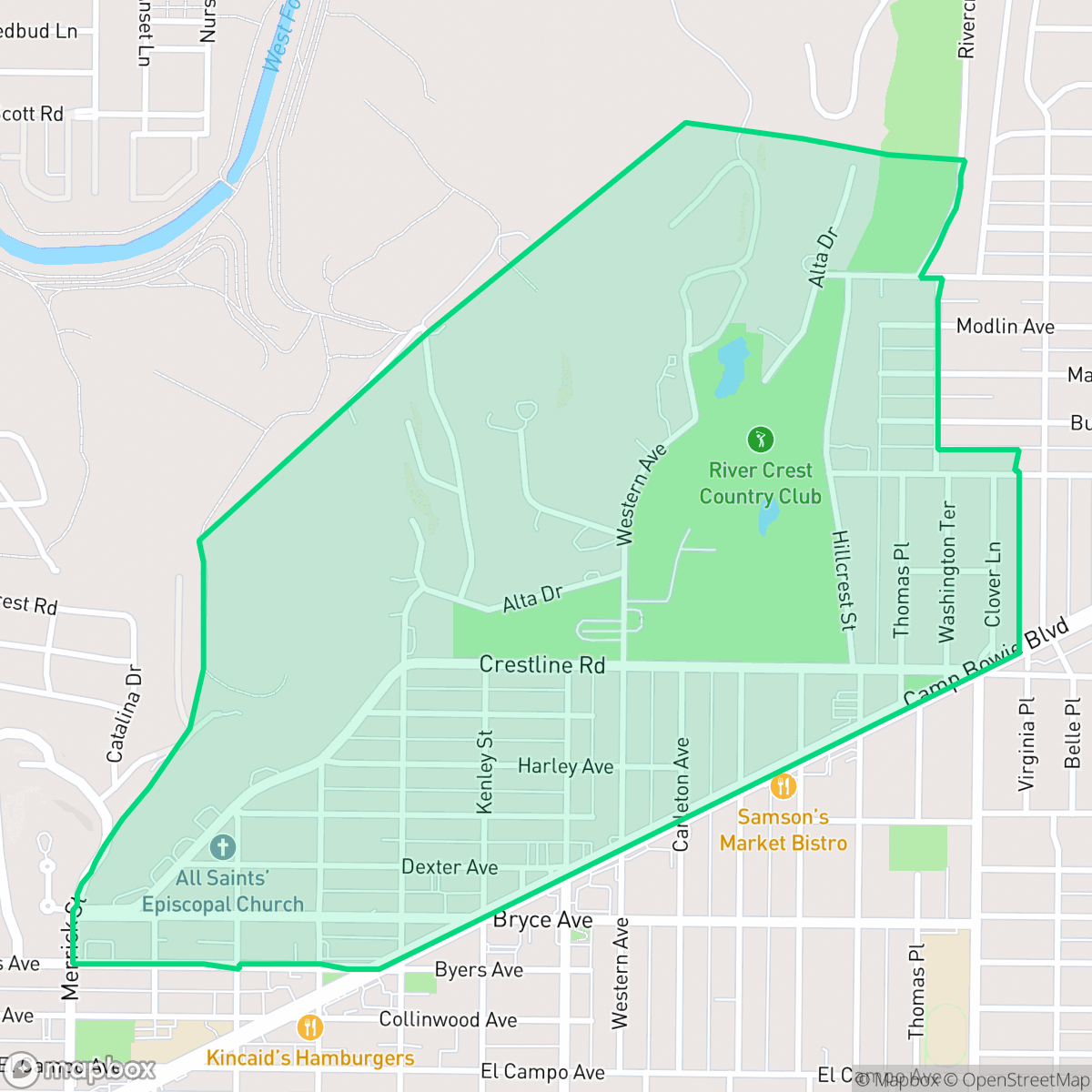 Map showing the location of Crestline Area, Fort Worth, TX