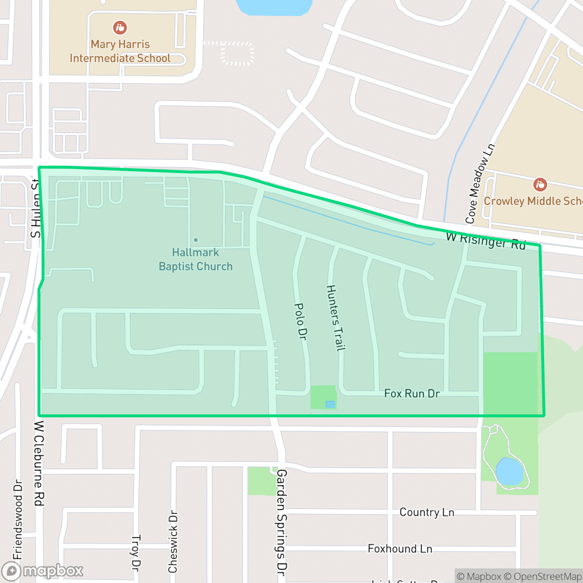 Map showing the location of Fox Run, Fort Worth, TX