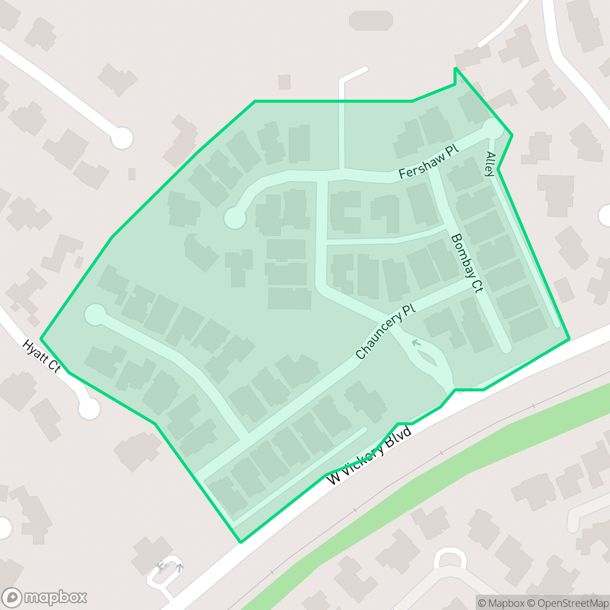 Map showing the location of Hampton Place, Fort Worth, TX