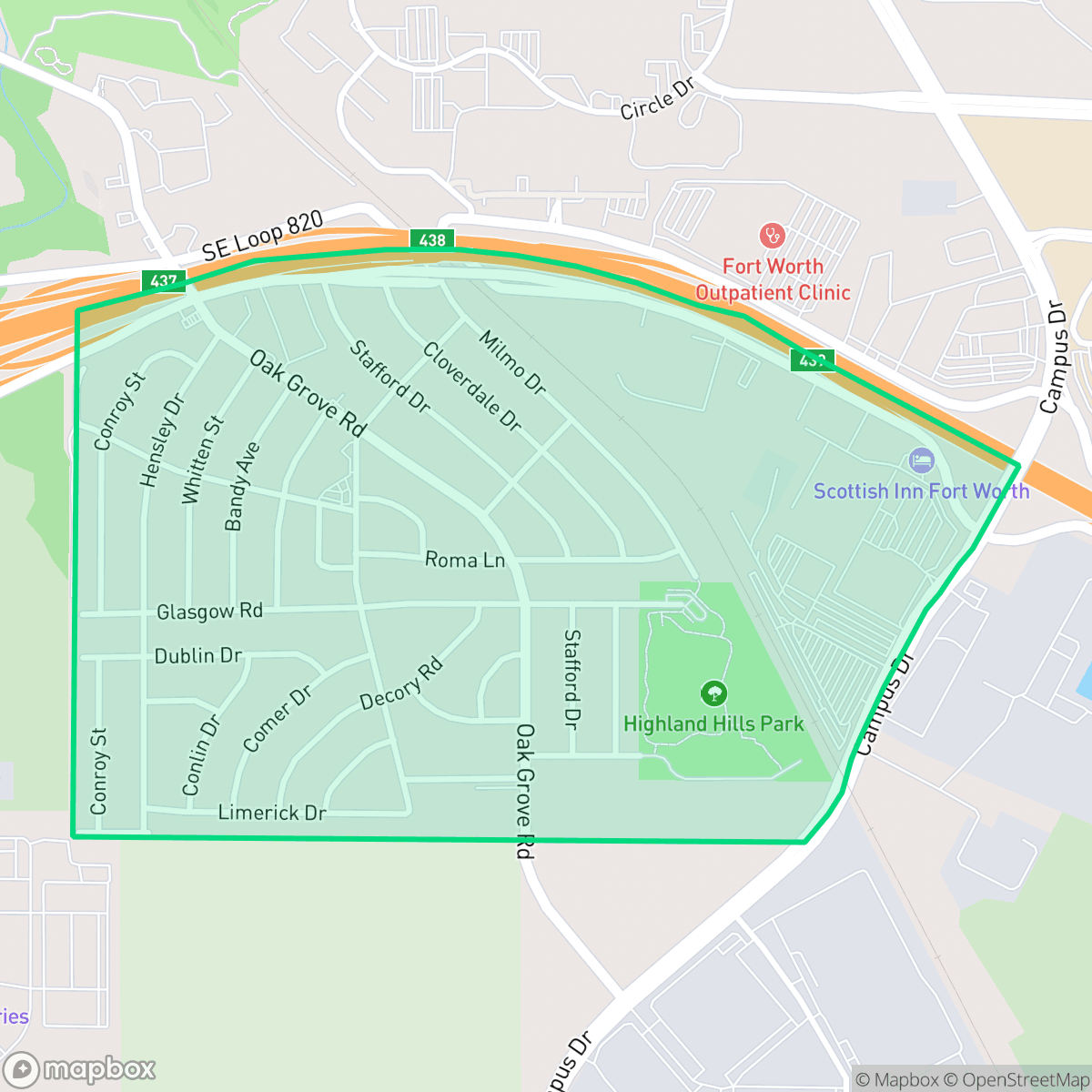 Map showing the location of Highland Hills, Fort Worth, TX