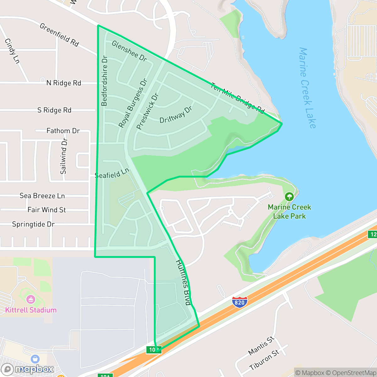 Map showing the location of Marine Creek, Fort Worth, TX